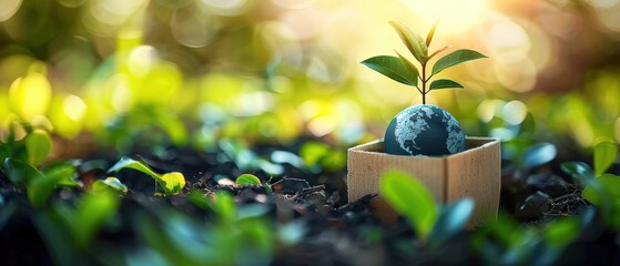 A young plant germinating from the soil, representing growth and nature. Captured with a warm, sunlit background, indicating fresh beginnings.