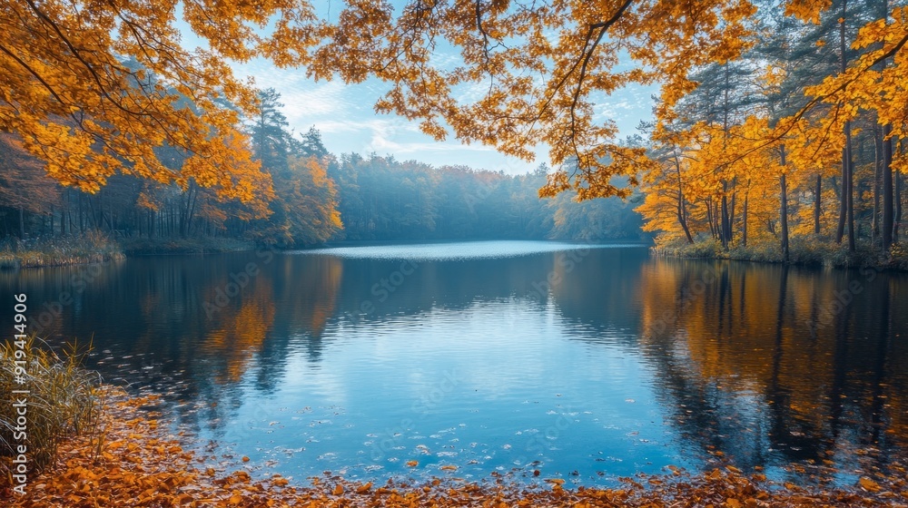 Poster a serene lake with a beautiful reflection of the trees and sky