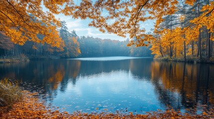 A serene lake with a beautiful reflection of the trees and sky