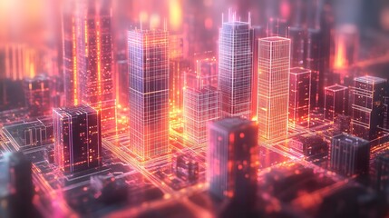 Obraz premium Digital Cityscape with Luminous Skyscrapers and Data Streams, Symbolizing Technological Integration in Urban Life