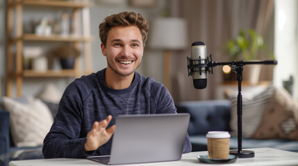 Smiling YouTuber Recording a Video Podcast at Home with Microphone and Laptop
