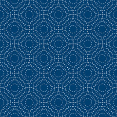 Embroidery Sashiko Vector Pattern. Asian Needlework Seamless Background. Indigo Blue Style. Running Hand Stitch for Textile Print, Japan Decor, clothing, mock up template and etc.