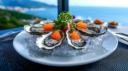 Exquisite plate of elegantly plated oysters on a bed of ice, oceanic delicacy, aphrodisiac indulgence, coastal flavors, refined elegance, seafood delight,