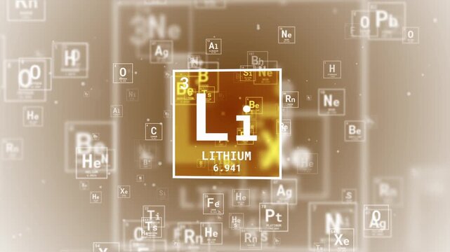 An animated icon of the chemical element lithium in yellow color on a light background with flying periodic table element icons. Looped motion graphics.