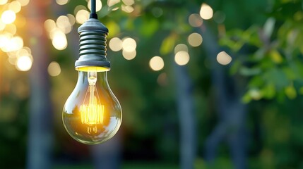 Close-up of a glowing light bulb hanging outside in a garden with blurred greenery in the background, symbolizing energy and illumination.