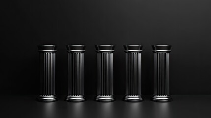 Tall silver pillars are arranged beautifully, contrasting sharply with a deep black background, creating a bold and striking visual effect