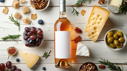 Overhead View of a Mockup Wine Bottle With Cheese, Fruits, and Nuts on a Wooden Table
