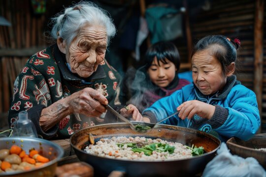 An elderly woman is seen cooking a traditional meal, assisted by two children. The warm and homely setting highlights the familial and cultural bonds shared during the meal preparation.