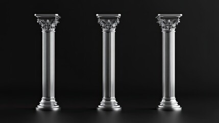 Tall silver pillars are arranged beautifully, contrasting sharply with a deep black background, creating a bold and striking visual effect
