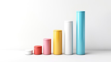 Colorful bar graph with multi-colored cylindrical shapes in ascending order, representing data visualization, growth, and statistics.
