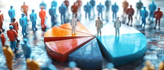 Conceptual image of business analysis with figures on a colorful pie chart illustrating population statistics and demographic segmentation.