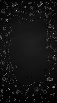 Back to school doodles in black chalkboard background. Loop border animation with empty space for text. Vertical video.