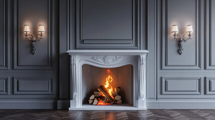 Classic Fireplace with Burning Fire in Elegant Interior.