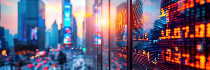 Fototapeta premium Dynamic cityscape with illuminated stock market ticker and bustling streets at dusk, reflecting the vibrancy of urban financial districts.