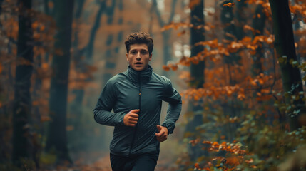 Obraz premium Man Running in Autumn Forest, Outdoor Exercise, Fitness Training in Nature