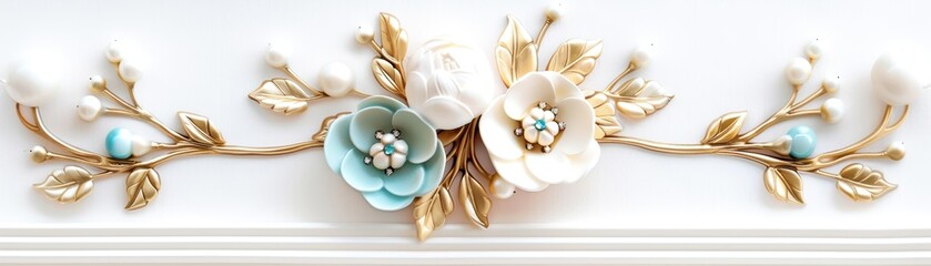Elegant floral decoration with blue and white flowers and golden leaves, perfect for home decor, weddings, and crafts.
