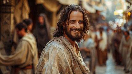Obraz premium Portrait of a Happy Jesus Christ Smiling in a Historical Market Setting