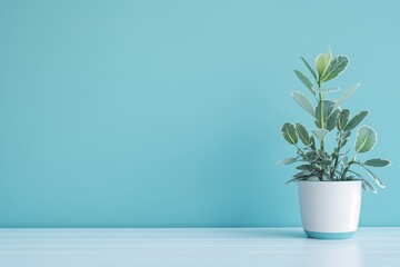Fototapeta premium A potted plant with variegated leaves sits on a blue surface with a matching blue wall in the background, offering a calm vibe.