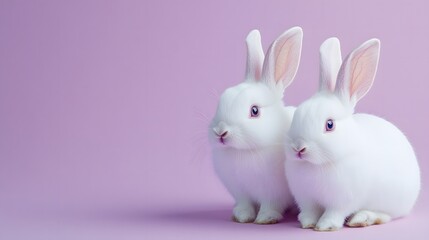 Obraz premium Two fluffy white rabbits with pink ears sitting side by side on a pastel purple background.