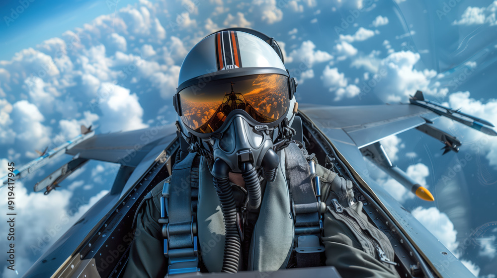 Wall mural Pilot in the Cockpit of an F-16 Fighter Jet Flying Above the Clouds