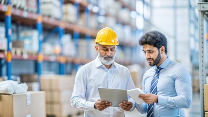 "Warehouse Manager and Employee Overseeing Shipping Process" – Indian manager and logistics employee reviewing shipping paperwork and product orders in a warehouse setting.
