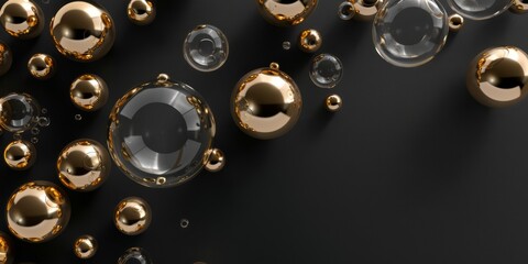 Metallic Gold Spheres on Black Minimalistic Background. Luxurious Golden Bubbles Wallpaper