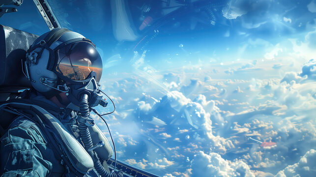 Portrait Of Fighter Pilot In Cockpit Of F-16 Aircraft Soaring Above The Clouds