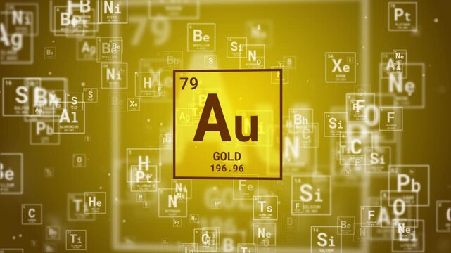Gold (Au) periodic table chemical element icon on yellow animated looped background with flying particles.
