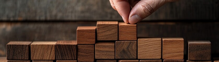 Closeup of a hand placing a smooth wooden block onto a growing stack, with the wood grain and edges in sharp focus, wooden block, stacking