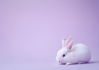 A white bunny with pink ears sits on a lavender background.