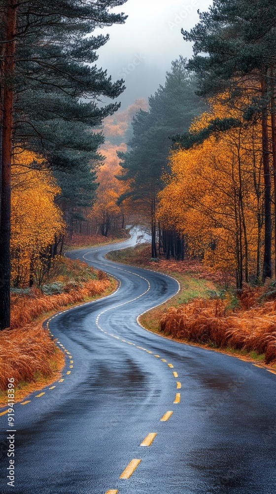 Poster a road with trees on both sides and a yellow line