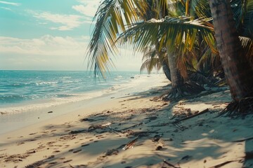 Naklejka premium A tranquil beach scene with palm trees and waves crashing on the shore, inviting a relaxing holiday.