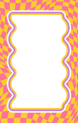 Wavy scallop border. Rectangle fun wavy chessboard frame. Cartoon hand drawn shapes for text picture and photo. Doodle groovy psychedelic template. Abstract funky y2k squiggle checkered bubble