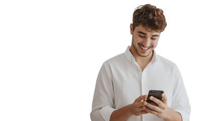 A handsome young Asian man happily engages with his cell phone, smiling against a clean Transparent backdrop.