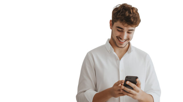 A handsome young Asian man happily engages with his cell phone, smiling against a clean Transparent backdrop.