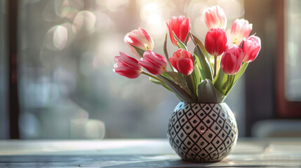 A bouquet of pink tulips in a patterned vase, bathed in soft sunlight, with a blurred bokeh background.