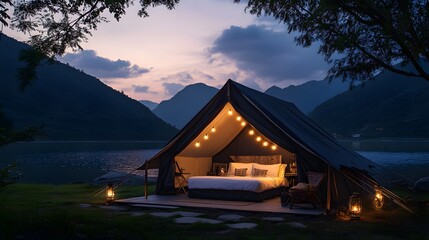 Luxurious black glamping tent, cozy interior illuminated by warm string lights, plush white bedding, rustic wooden furniture, panoramic sunset view, lakeside setting, mountain silhouettes.