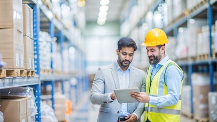 "Indian Warehouse Supervisor and Employee Planning Delivery Routes" – Manager and logistics employee planning delivery routes in a warehouse setting.
