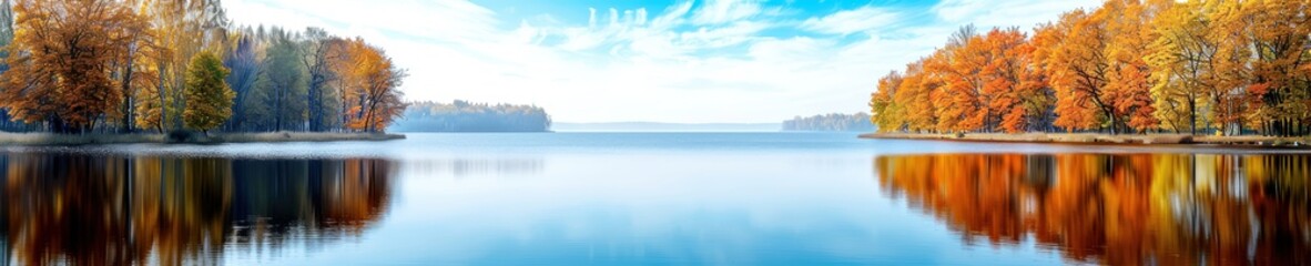 Panoramic view of a serene autumn lake with vibrant fall foliage on the trees reflecting in the calm waters under a blue sky.