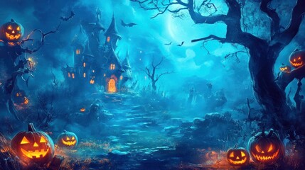 A spooky Halloween scene with carved pumpkins, a haunted house, twisted trees, and a mysterious blue night sky, evoking a chilling, atmosphere.