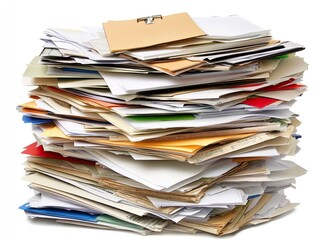 Stack of business documents papers against white background