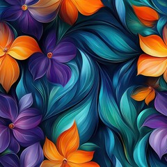 Seamless purple and orange beautiful decorative flowers design pattern