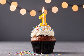 1st birthday cupcake with whipped cream, sprinkles, candles, and number 1, isolated on dark background with bokeh lights