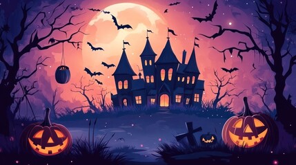 A stylized Halloween-themed illustration featuring a haunted house, full moon, bats, jack-o'-lanterns, graves, and eerie trees against a purple night sky.