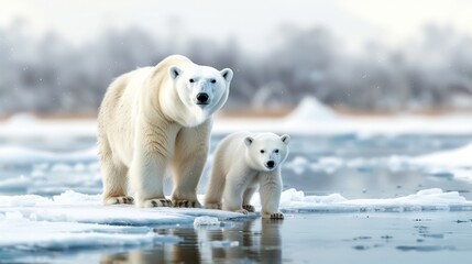 Obraz premium Polar bear mother and cub standing on sea ice, a beautiful and serene Arctic wildlife scene captured in natural habitat.