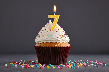 7th birthday cupcake with whipped cream, sprinkles, candles, and number 7, isolated on dark background
