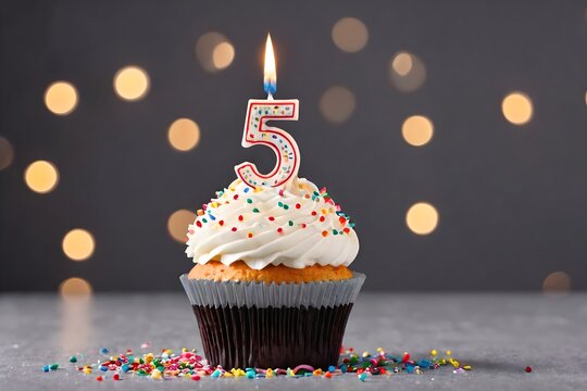 5th birthday cupcake with whipped cream, sprinkles, candles, and number 5, isolated on dark background with bokeh lights