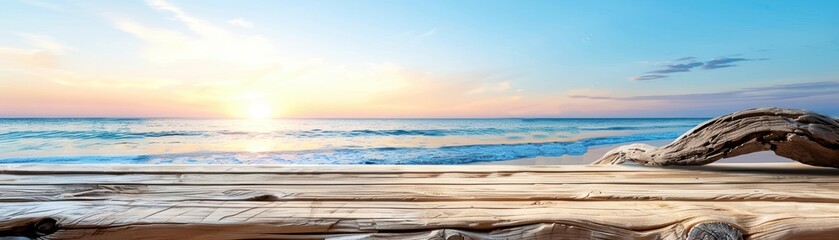 Obraz premium Serene beach sunrise with tranquil waves and driftwood on the shore. Perfect for relaxing and nature-themed projects.