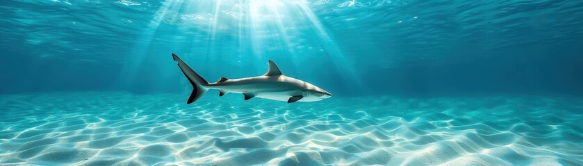 Obraz premium Solitary shark swimming in crystal clear blue ocean water under sun rays, showcasing marine life and underwater tranquility.