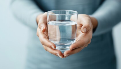 A person holding a clear glass of water, symbolizing hydration and wellness. Freshness and health concept.
